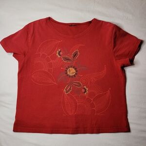 Tonala Red Floral Embroidered Cotton Knit Short Sleeve Crew Neck Women's T-Shirt